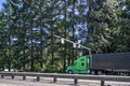 Big rig green semi truck with covered semi trailer running on the entrance road to weigh station scale