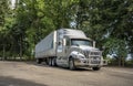 Big rig heavy long haul semi truck with dry van semi trailer standing on rest area parking lot  in forest line Royalty Free Stock Photo