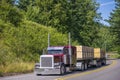 Big rig red semi truck with classic style transporting lumber on flat bed semi trailer driving on winding forest road Royalty Free Stock Photo