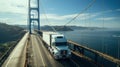 A big rig semi truck crosses the Golden Gate Bridge in San Francisco Royalty Free Stock Photo