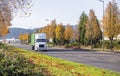 Big rig semi truck transporting container going on autumn road with trees in industrial warehouses area