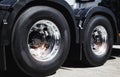 Big Rig Semi Truck Wheels Tires. Lorry New Tyres Rubber. Freight Trucks Transport Royalty Free Stock Photo