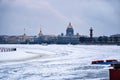 Russia, St. Petersburg, January 2021. Winter view of the city center from the embankment of the Petrogradskaya side.