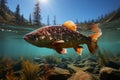 Big river fish swim in shoals underwater in the river, on sunny day in lake