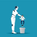 Big robotic hand holding little businessman in order to throw him into trash can Royalty Free Stock Photo