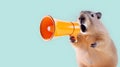Big rodent announcing using hand speaker. Notifying, warning, announcement