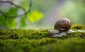 Big Roman snail (Helix pomatia) crawling on the moss in the rainy forest. Royalty Free Stock Photo