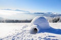 Big round igloo stands on mountains covered with snow.