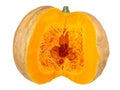 Big round orange pumpkin sliced in half