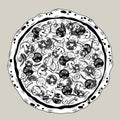 Vintage engraving stylized line drawing of big round tasty pizza