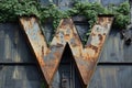 Big rusty letter -w- hanging outside. Royalty Free Stock Photo