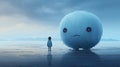 a big and sad blue plush round alien looks at the boy, blue monday, copy space, banner