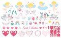 Big Saint Valentine day vector set. Cute characters, cards, designs collection. Cupid, doves, hearts, swans, animal pairs pack.