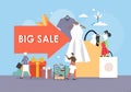 Big sale arrow sign, happy male and female characters shopping for clothes, shoes, flat vector illustration. Royalty Free Stock Photo