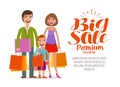 Big sale banner. Happy family with shopping bags. Cartoon vector illustration Royalty Free Stock Photo