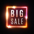 Big sale banner. Neon square discount sign. Royalty Free Stock Photo