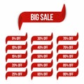 Big sale banner in ribbon form. Sale labels collection with different percent of discount