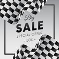 Big sale banner or sticker. Special offer. Fifty percent off. Checkered flag. Vector illustration.