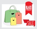 Big sale. Black Friday banner. Paper bags like a happy family. Purchase of goods at sales