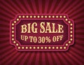Big Sale circus template of stock banner. Brightly glowing retro cinema neon sign. Circus style sale banner template. Background