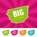 Big sale color banner and 50%, 60%, 70% & 80% Off Marks. Vector illustration.