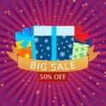 Big sale with colorful wrapped gift boxes on retro stripped background, vector illustration. Lots of presents with