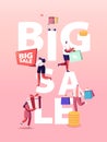 Big Sale Concept. Characters Shopping at Seasonal Discount. Happy Shopaholics with Trolley Full of Purchases and Grocery Royalty Free Stock Photo