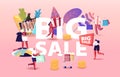 Big Sale Concept. Characters Shopping at Seasonal Discount. Happy Shopaholics with Trolley Full of Purchases and Grocery Royalty Free Stock Photo