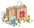 Big Sale concept, Retail, Sellout, Shopping Bag with cash money stacks and calculator isolated on white background. Vector 3d