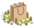 Big Sale concept, Retail, Sellout, Shopping Bag with cash money stacks and coin piles isolated on white background. Vector 3d Royalty Free Stock Photo