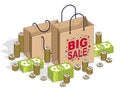 Big Sale concept, Retail, Sellout, Shopping Bag with cash money stacks and coin piles isolated on white background. Vector 3d Royalty Free Stock Photo