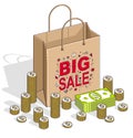 Big Sale concept, Retail, Sellout, Shopping Bag with cash money stacks and coin piles isolated on white background. Vector 3d Royalty Free Stock Photo