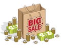 Big Sale concept, Retail, Sellout, Shopping Bag with cash money stacks and coin piles isolated on white background. Vector 3d Royalty Free Stock Photo