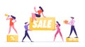 Big Sale Concept. Woman Promoter with Megaphone Stand on Podium with Percent Symbol. Customer Holding Gift