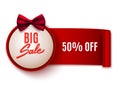 Big sale discount advertisement tag, round banner and realistic Royalty Free Stock Photo