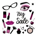 Big Sale. Fashion banner with a set of illustrations make up sign. Vector illustration isolated on white background.