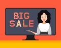 Big sale. girl points at a computer monitor. .