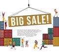 Big sale group happy people shopping container and sign. Royalty Free Stock Photo