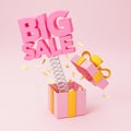 Big sale jumped out of a gift box and confetti. Pink photo and pink box with golden yellow ribbon with bow. 3d render Royalty Free Stock Photo