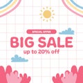 Big sale kid children baby cute social media poster template with pink pastel color and abstract memphis element