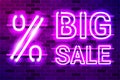 BIG SALE lettering with a large percent symbol glowing purple neon lamp sign