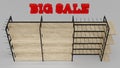 Big Sale loft-style shopping shelves 3D render. wood and metal