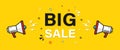 Big Sale with loudspeakers or megaphones on the sides. Big super sale marketing banner in yellow colors. Vector EPS 10 Royalty Free Stock Photo