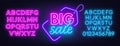 Big sale neon sign on brick wall background. Neon fonts.