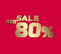 Big sale 80 percent 3Ds Letter Golden, 3Ds Level Gold color, big sales 3D, Percent on red color background, and can use as gold