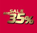 Big sale 35 percent 3Ds Letter Golden, 3Ds Level Gold color, big sales 3D, Percent on red color background