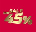 Big sale 45 percent 3Ds Letter Golden, 3Ds Level Gold color, big sales 3D, Percent on red color background