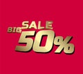 Big sale 50 percent 3Ds Letter Golden, 3Ds Level Gold color, big sales 3D, Percent on red color background