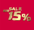 Big sale 15 percent 3Ds Letter Golden, 3Ds Level Gold color, big sales 3D, Percent on red color background