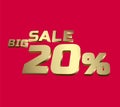 Big sale 20 percent 3Ds Letter Golden, 3Ds Level Gold color, big sales 3D, Percent on red color background